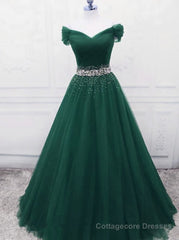 Gorgeous Dark Green Tulle Off Shoulder Long Party Dress, Prom Gown