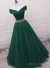 Gorgeous Dark Green Tulle Off Shoulder Long Party Dress, Prom Gown