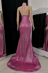 Gorgeous Halter Pink Prom Dresses Sequins Sleeveless Long With Split