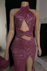 Gorgeous Halter Pink Prom Dresses Sequins Sleeveless Long With Split