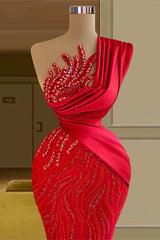 Gorgeous Long Red Mermaid One Shoulder Lace Sequined Sleeveless Prom Dresses