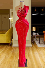 Gorgeous Long Red Mermaid One Shoulder Lace Sequined Sleeveless Prom Dresses