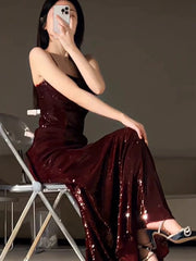 Gorgeous Mermaid Spaghetti Straps Burgundy Sequin Evening Dresses Prom Dresses Birthday Outfits