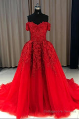 Gorgeous Off Shoulder Red Lace Long Prom Dresses, Red Lace Formal Evening Dresses, Red Ball Gown