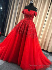 Gorgeous Off Shoulder Red Lace Long Prom Dresses, Red Lace Formal Evening Dresses, Red Ball Gown