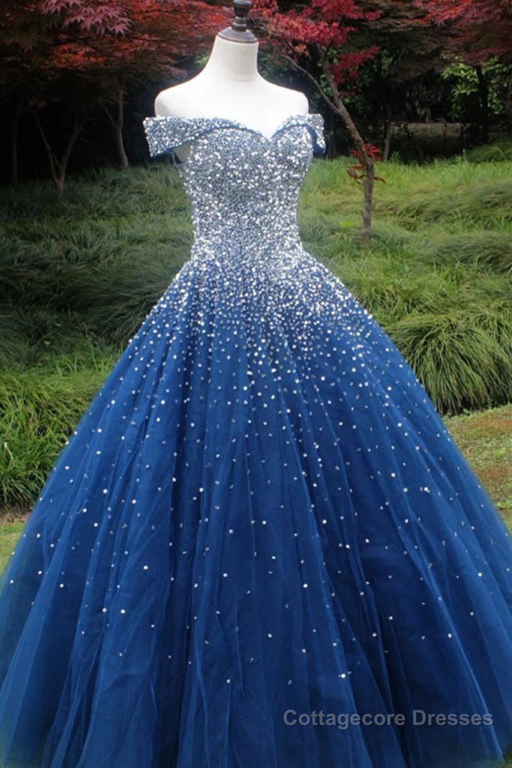 Gorgeous Off Shoulder Sequins Blue Long Prom Dress, Shiny Sequins Blue Formal Evening Dress, Blue Ball Gown