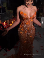 Gorgeous Orange Beaded Applique Mermaid Evening Dress Long Prom Dress