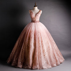 Gorgeous Pink V-neckline Beaded Ball Gown Formal Dresses, Pink Sweet 16 Dresses