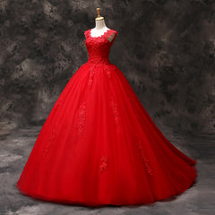 Gorgeous Red Tulle Ball Gown Long Formal Dresses with Lace Flowers, Red Sweet 16 Dresses