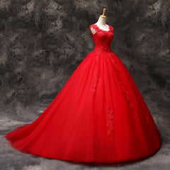 Gorgeous Red Tulle Ball Gown Long Formal Dresses with Lace Flowers, Red Sweet 16 Dresses