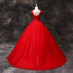 Gorgeous Red Tulle Ball Gown Long Formal Dresses with Lace Flowers, Red Sweet 16 Dresses