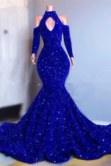 Gorgeous Royal Blue Long Sleeves Prom Dresses Mermaid Long With Sequins