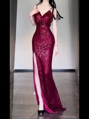 Gorgeous Sheath Spaghetti Straps Burgundy Sequin Long Evening Dresses Prom Dresses Birthday Outfits