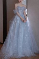 Gorgeous Silver Bling Tulle Off Shoulder Prom Dress