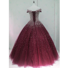 Gorgeous Sparkle Burgundy Off Shoulder Sweet 16 Gown, Burgundy Prom Dresses