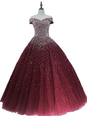 Gorgeous Sparkle Burgundy Off Shoulder Sweet 16 Gown, Burgundy Prom Dresses