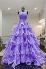 Gorgeous Strapless Layered Purple Tulle Long Prom Dresses with Belt, Purple Formal Evening Dresses, Purple Ball Gown