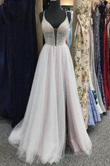 Gorgeous V Neck Backless Beaded Gray Tulle Long Prom Dresses, Backless Grey Formal Graduation Evening Dresses