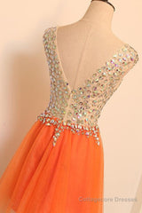 Gorgeous V Neck Open Back Orange Short Prom Homecoming Dresses, Short Orange Formal Evening Dresses