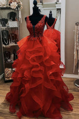 Gorgeous V Neck Open Back Red Lace Long Prom Dresses,Formal Evening Dresses,Red Ball Gown Party Dresses