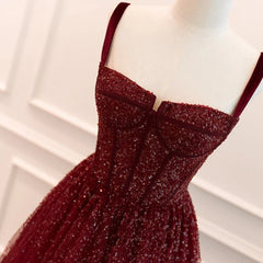 Gothic Burgundy Spaghetti Straps Sequins Beaded Formal Prom Dress Tulle Party Evening Dress