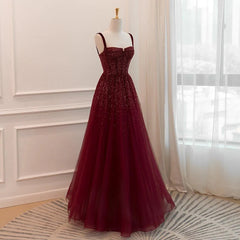 Gothic Burgundy Spaghetti Straps Sequins Beaded Formal Prom Dress Tulle Party Evening Dress