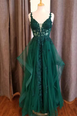 Hunter Green Flower Straps Deep V Neck Appliques Ruffles Long Prom Dresses