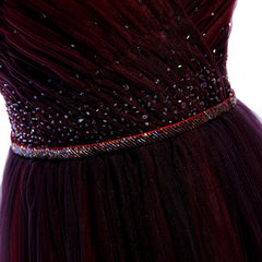 Gradient Beaded Wine Red Tulle Long Party Dresses, A-line Wine Red Prom Formal Dresses