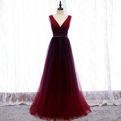 Gradient Beaded Wine Red Tulle Long Party Dresses, A-line Wine Red Prom Formal Dresses