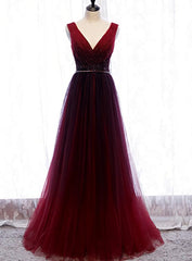 Gradient Beaded Wine Red Tulle Long Party Dresses, A-line Wine Red Prom Formal Dresses