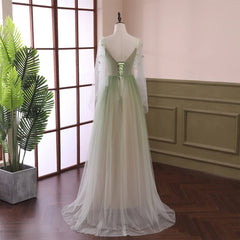 Gradient Tulle Green Beaded Long Sleeves Party Dresses, Green Formal Dresses