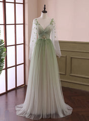 Gradient Tulle Green Beaded Long Sleeves Party Dresses, Green Formal Dresses