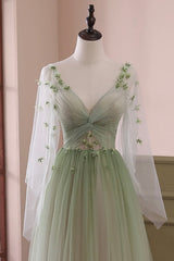 Gradient Tulle Green Long Sleeves Party Dresses, Green Evening Formal Dresses