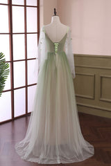 Gradient Tulle Green Long Sleeves Party Dresses, Green Evening Formal Dresses