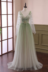 Gradient Tulle Green Long Sleeves Party Dresses, Green Evening Formal Dresses