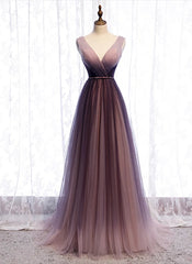 Gradient V-neckline Tulle Long Prom Dress Party Dress, Gradient Evening Gown