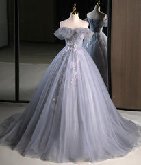 Gray A Line Off the Shoulder Appliques Tulle Long Prom Dresses Evening Party Dresses