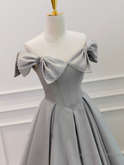 Gray A-Line Satin Long Prom Dress, Gray Formal Evening Dress