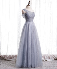 Gray Aline Long Prom Dress, One Shoulder Gray Formal Party Dresses