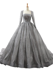 Gray Ball Gown Sequins Long Sleeve Backless Wedding Dresses