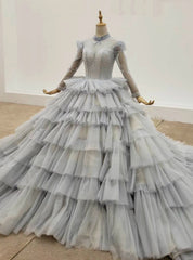 Gray Ball Gown Tulle Long Sleeve High Neck Beading Wedding Dresses