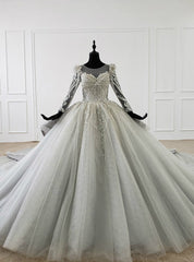 Gray Ball Gown Tulle Seuqins Beading Long Sleeve Wedding Dresses With Long Train