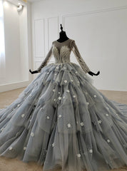 Gray Ball Gown Tulle Tiers Long Sleeve Appliques Beading Wedding Dresses