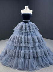 Gray Blue Ball Gown Tulle Strapless Tiers Pleats Prom Dresses