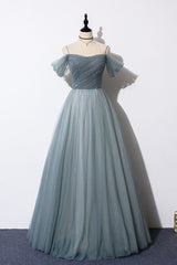 Gray Blue Spaghetti Strap Tulle Floor Length Prom Dress, Off Shoulder Evening Party Dress