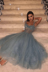 Gray Blue Tulle Lace Formal Dresses Prom Dresses Tulle Lace Evening Dresses