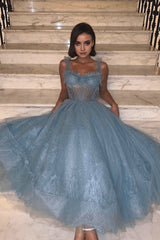 Gray Blue Tulle Lace Formal Dresses Prom Dresses Tulle Lace Evening Dresses