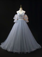 Gray Blue Tulle Lace Short Sleeve Prom Dresses