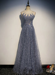 Gray Blue Tulle Sequins Appliques Beading Prom Dresses