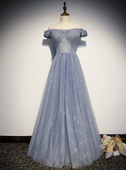 Gray Blue Tulle Sequins Off the Shoulder Beading Crystal Prom Dresses